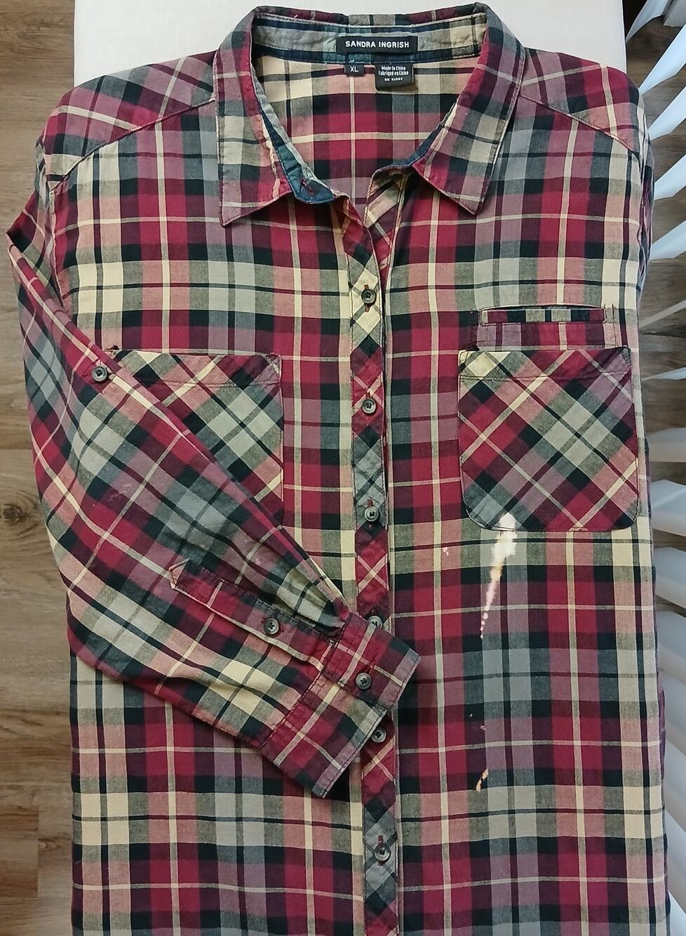 Sandra Ingrish Distressed Burgundy Plaid Button-up Blouse XL bleach grunge coton